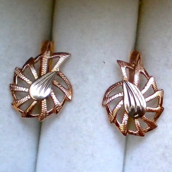 Russian USSR 14K 585 Two Tone Rose Pink White Gold Spider Web Filigree EARRINGS - Picture 5 of 6